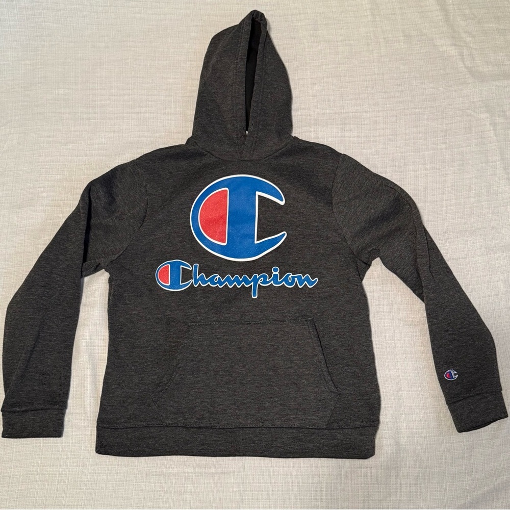 Vintage 90’s Champion Dark Gray Hoodie with Blue and Red Logo.